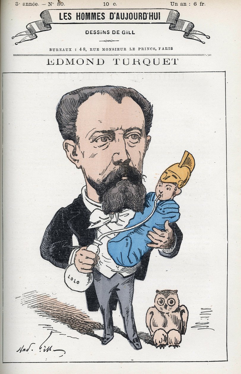 Portret Edmonda Henri Turqueta (1836-1914), francuskiego polityka, w latach 1871-1889 był zastępcą Aisne. Rysunek autorstwa Gilla, Paryż. autorstwa Andre Gill