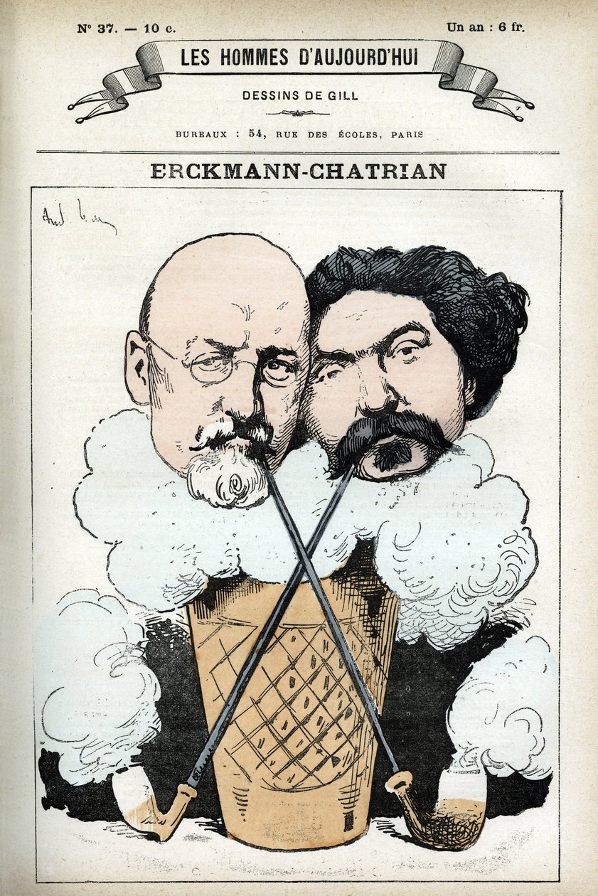Portret Emile Erckmanna (1822-1899) i Alexandre Chatriana (1826-1890), francuskich powieściopisarzy. Karykatura Gilla, w „Les Homme d