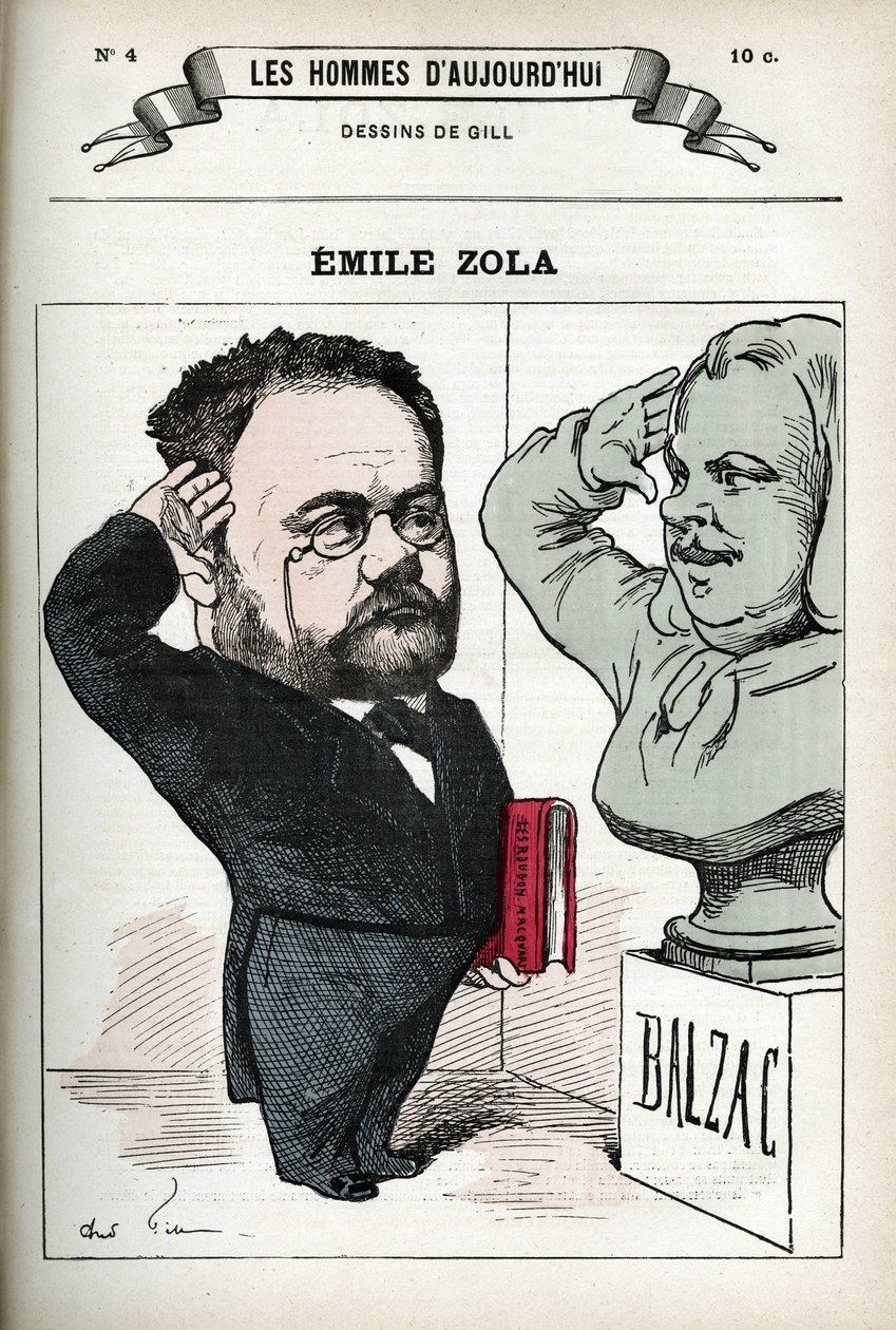 Portret Emile Zola (1840-1902), francuskiego pisarza. Karykatura Gilla, Paryż. autorstwa Andre Gill