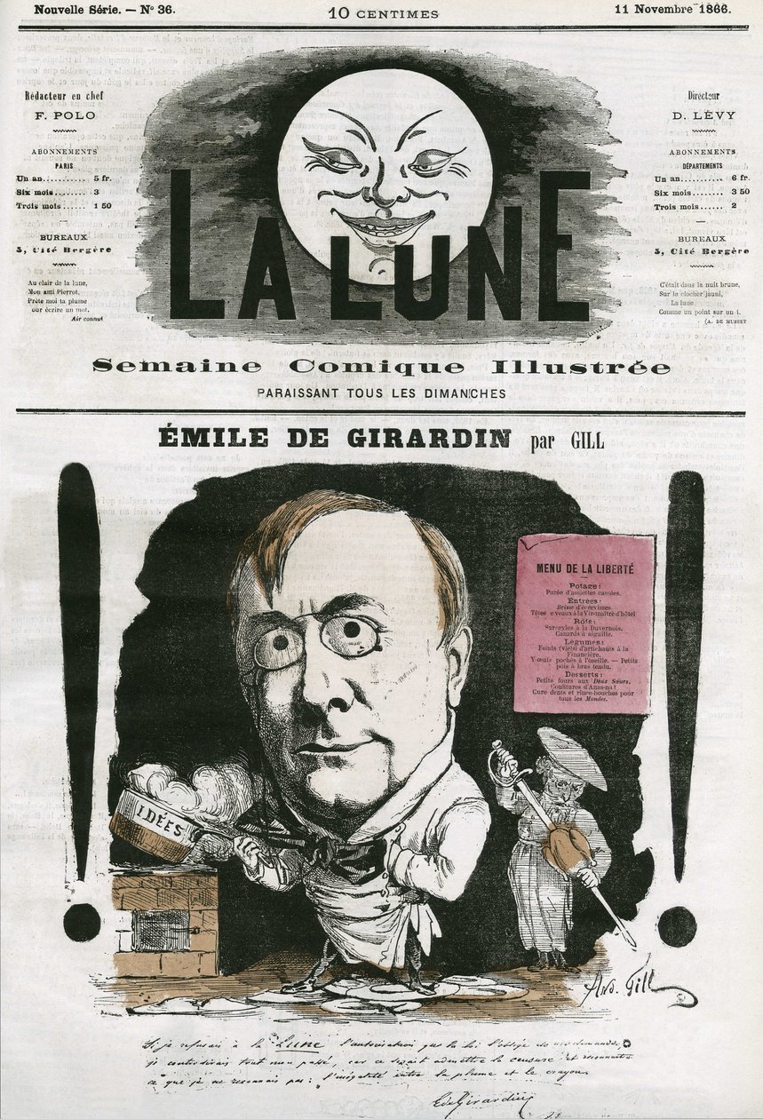 Portret Emile de Girardin (1806-1881), francuskiego dziennikarza. Karykatura Gilla, w „Księżycu”, 11 listopada autorstwa Andre Gill