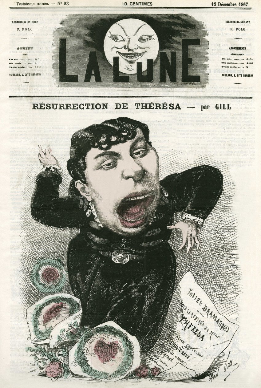 Portret Emmy Valladon dit Theresa (1837-1913), francuskiej śpiewaczki operetkowej. Karykatura Gilla, w „La Lune”, 15 grudnia autorstwa Andre Gill