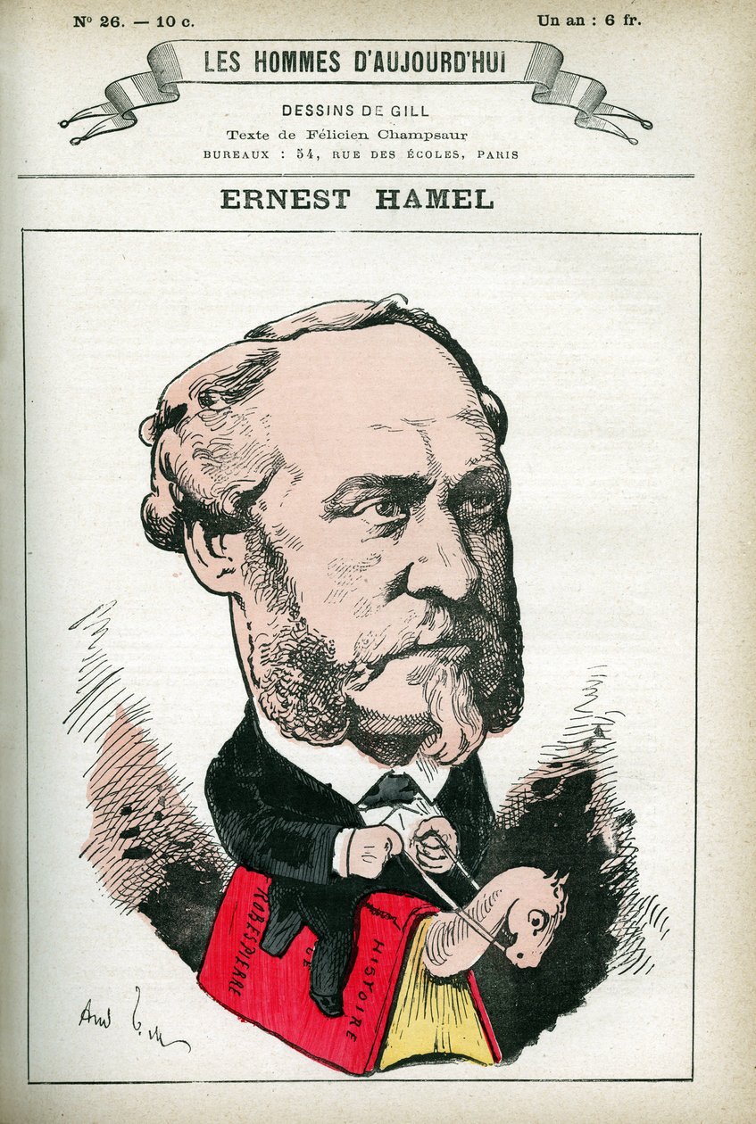 Portret Ernesta Hamela (1826-1898), francuskiego prawnika i polityka. Karykatura Gilla, w „Les Homme d