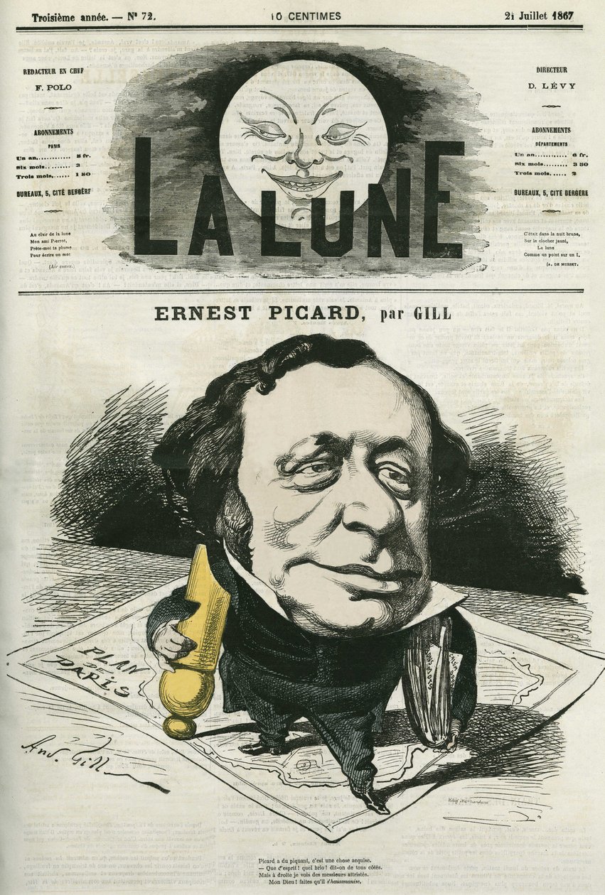 Portret Ernesta Picarda (1821-1877), francuskiego dziennikarza i prawnika. Karykatura Gilla, w „La Lune”, 21 lipca autorstwa Andre Gill