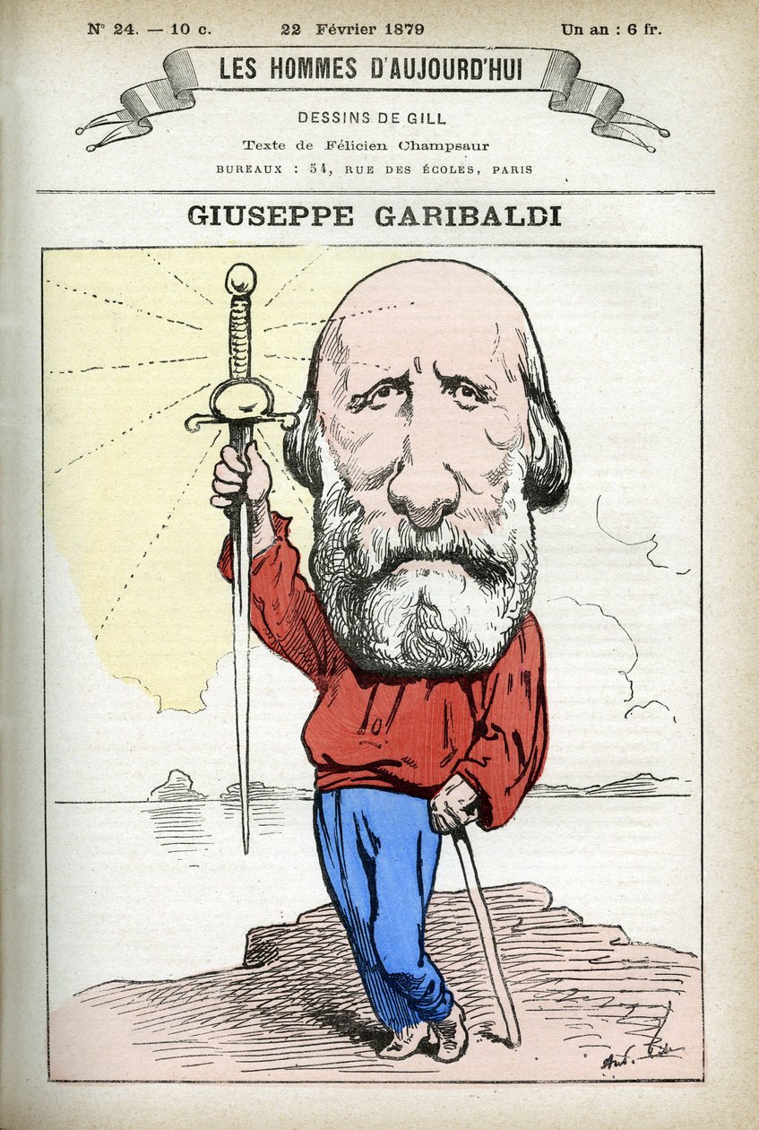 Portret Giuseppe Garibaldiego (1807-1882), włoskiego polityka. Karykatura Gilla, w „Les Homme Today”, Paryż autorstwa Andre Gill