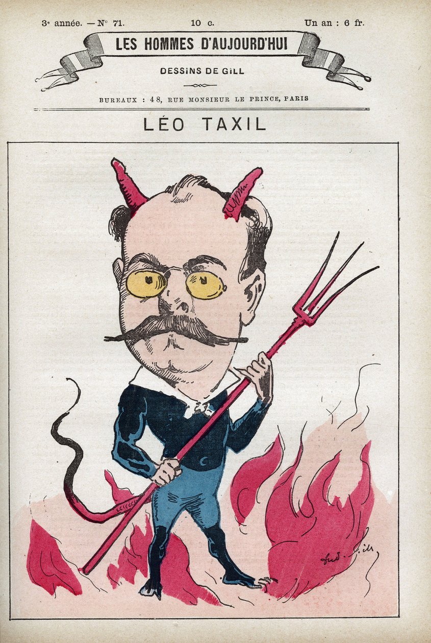 Portret Leo Taxila (1854-1907), francuskiego pisarza i autora słynnej mistyfikacji, która opiewa papieża i eveques Francji. Karykatura Gilla, Paryż. autorstwa Andre Gill
