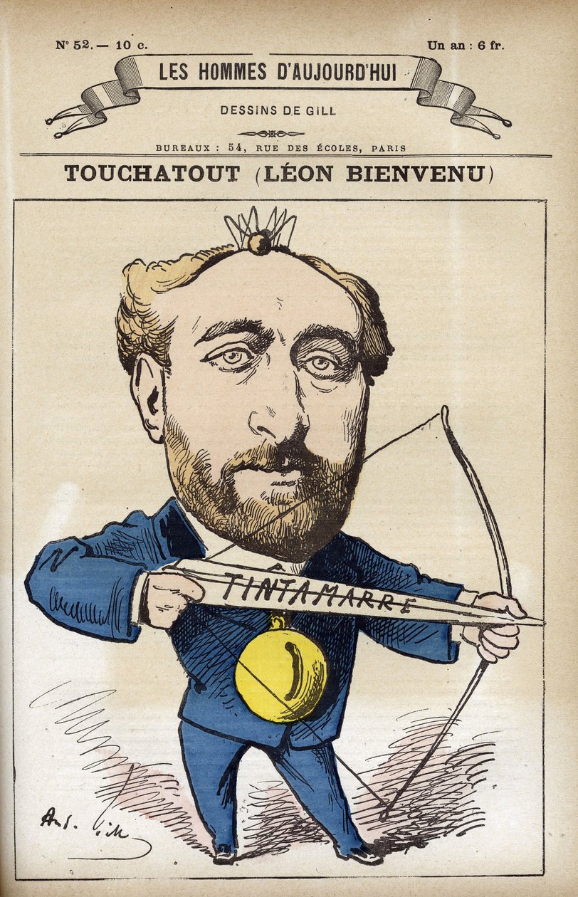 Portret Leona Bienvenu dit Touchatout (1835-1911), francuskiego dziennikarza i autora „L’Histoire de France Tintamarresque”. Karykatura autorstwa Gilla, Paryż. autorstwa Andre Gill
