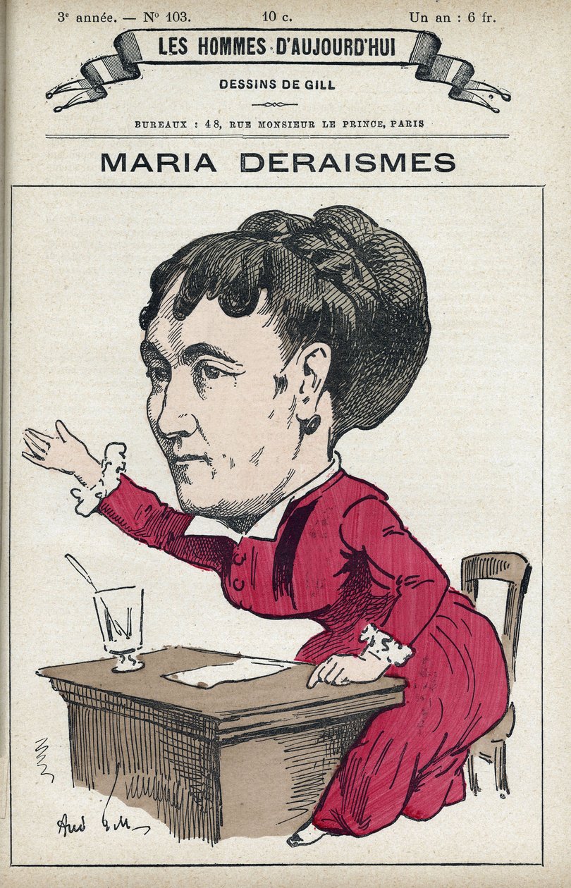 Portret Marii Deraismes (1828-1894), francuskiej literatki i feministki, założyła wraz z Leonem Richerem, Louise Michel i Paulem Minckiem Association pour le droit des femmes w 1869 roku. Karykatura Gill, Paryż. autorstwa Andre Gill