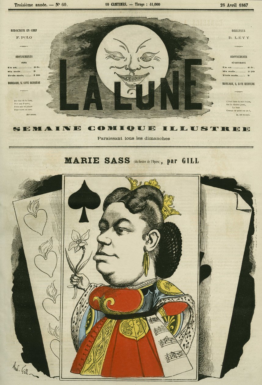 Portret Marie Sass, śpiewaczki w Teatrze Operowym. Karykatura Gilla, w „La Lune”, 28 kwietnia autorstwa Andre Gill