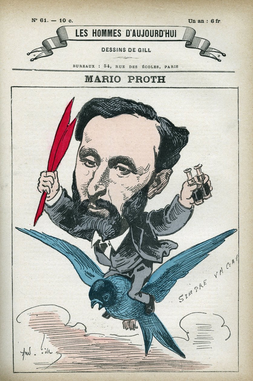 Portret Mario Protha (1832-1891), francuskiego pisarza, krytyka literackiego i publicysty. Karykatura Gilla, Paryż. autorstwa Andre Gill
