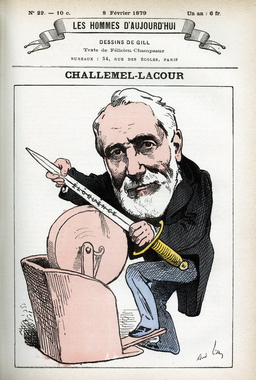 Portret Paula-Armanda Challemela-Lacoura (1827-1896), polityka, dyplomaty i historyka filozofii francuskiej. Karykatura Gilla, w „Les Homme d