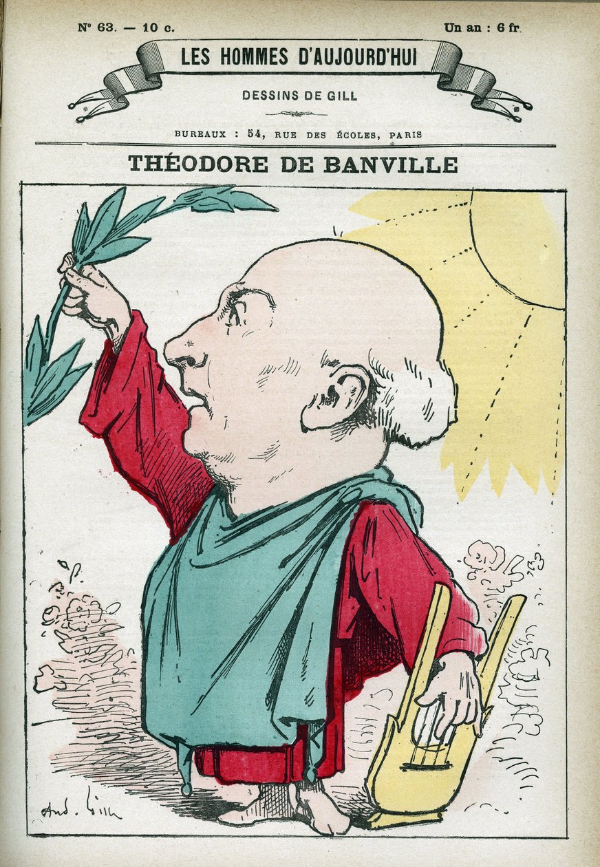 Portret Teodora de Banville (1823-1891), francuskiego poety, jednego z przywódców szkoły parnasowskiej. Karykatura Gilla, Paryż. autorstwa Andre Gill