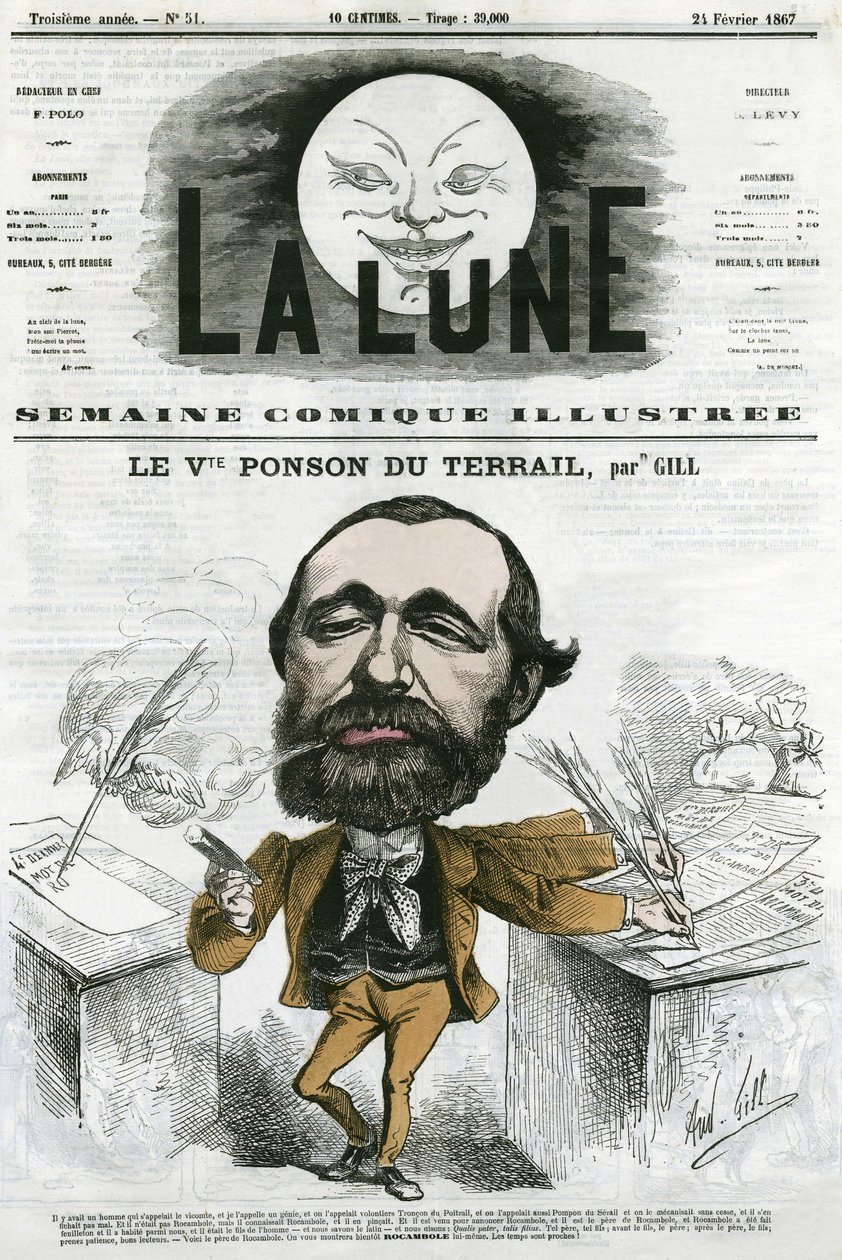 Portret Viconte Ponson du Terrail (1829-1871), popularnego francuskiego pisarza, autora powieści-opery mydlanej. Karykatura Gilla, w „Księżycu”, 24 lutego autorstwa Andre Gill