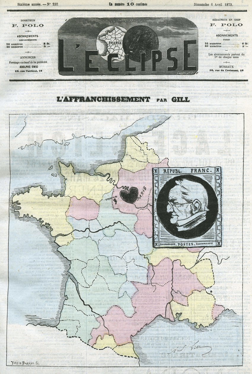 Przesyłka pocztowa, mapa Francji w czterech strefach i pieczęć z profilem prezydenta republiki Adolphe Thiers (1797-1877). Okładka w „” L