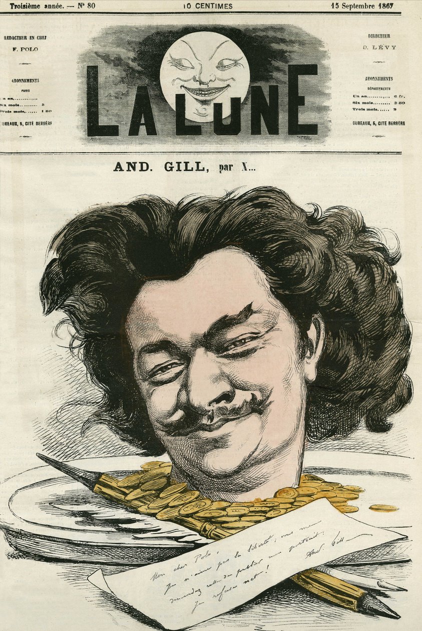 Autoportret Louis-Alexandre Gosset de Guines dit Andre Gill (1840-1885), francuskiego rysownika i rysownika. Karykatura Gilla, w „Księżycu”, 15 września autorstwa Andre Gill