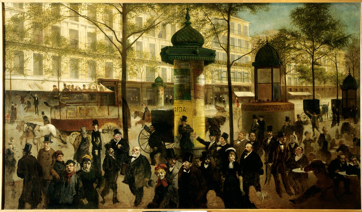 Szkic do panoramy Boulevard Montmartre ożywia współczesne paryskie osobowości autorstwa Andre Gill