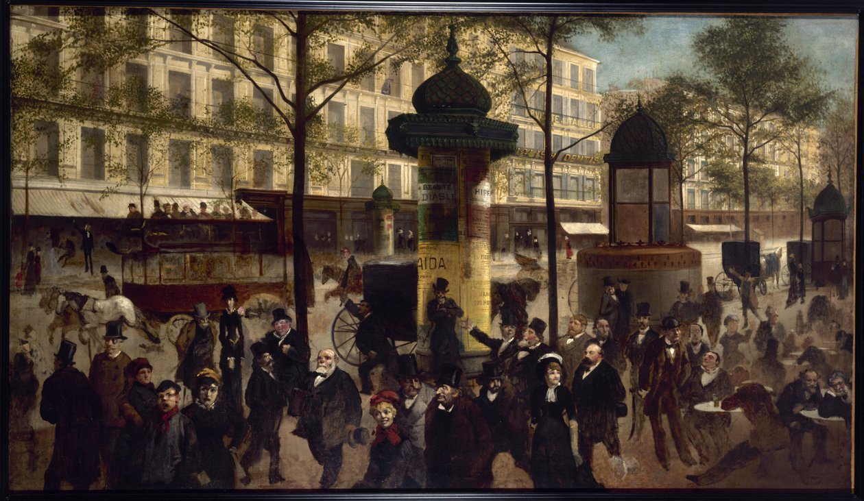Szkic panoramy bulwaru Montmartre ze współczesnymi osobistościami Paryża, ok. 1880 r. (olej na płótnie) autorstwa Andre Gill