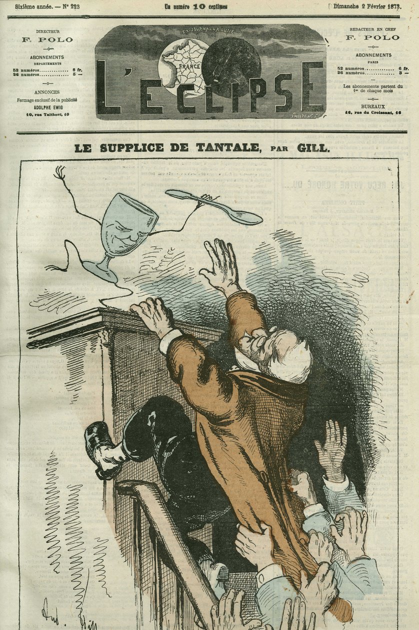 Męka Tantala, karykatura Adolphe Thiers (1798-1874), francuskiego męża stanu. Okładka w „”L