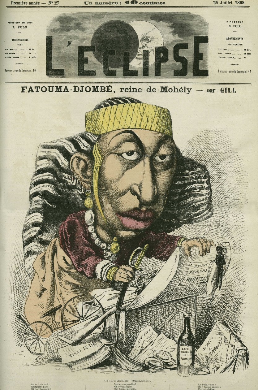 Zombe-Fatoum (Zombe-Fatoum) (1836-1878), królowa Moheli na Komorach, odwiedzająca Francję w Fatimie. Okładka w „Zaćmieniu” Gill, lipiec autorstwa Andre Gill
