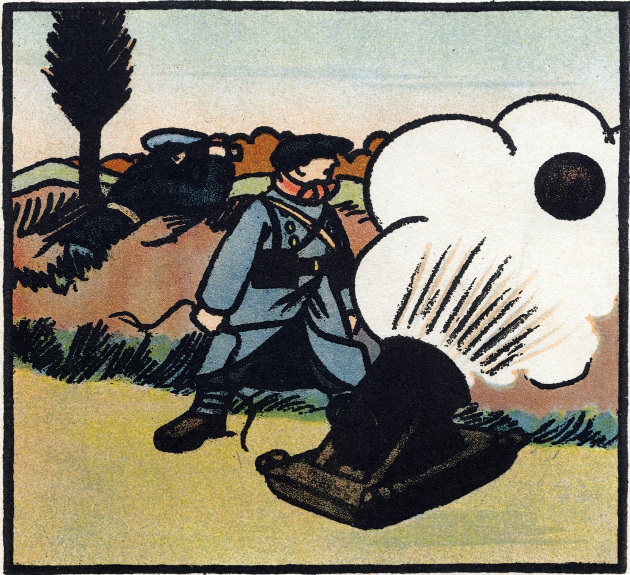 Pierwsza wojna światowa 1914-1918 (14-18): Wyrzutnia bomb. Francuski żołnierz wysyła bomby w kierunku wroga za pomocą armaty. Rycina w "Alfabecie Wielkiej Wojny 1914-1916 (dla dzieci naszych żołnierzy)". Editions Berger-Levrault autorstwa Andre Helle