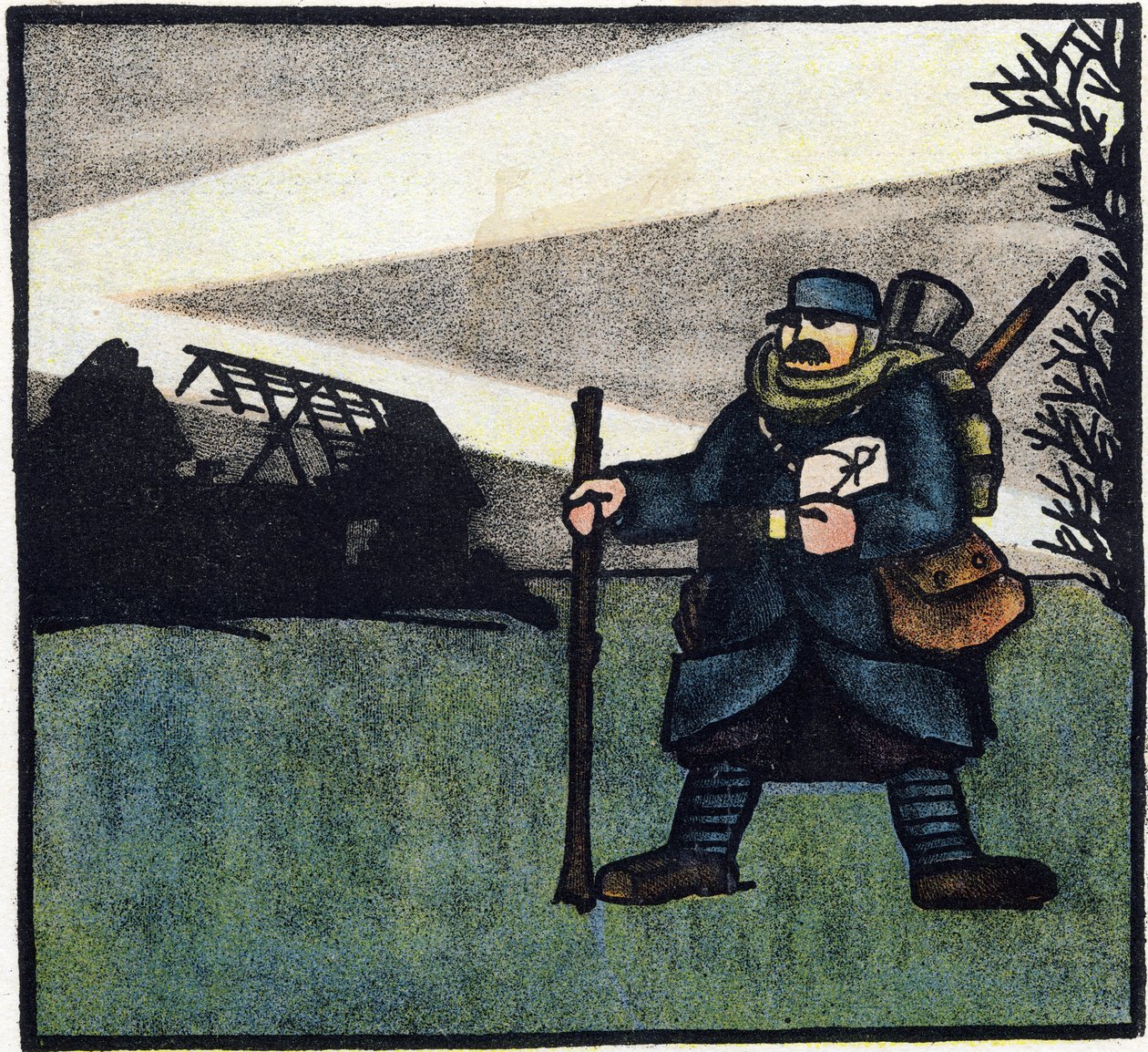 Pierwsza wojna światowa 1914-1918 (14-18): Owłosiony. Portret żołnierza armii francuskiej w mundurze wojskowym z plecakiem, torbą i karabinem. Rycina w "Alfabecie Wielkiej Wojny 1914-1916 (dla dzieci naszych żołnierzy)". Editions Berger-Levrault autorstwa Andre Helle