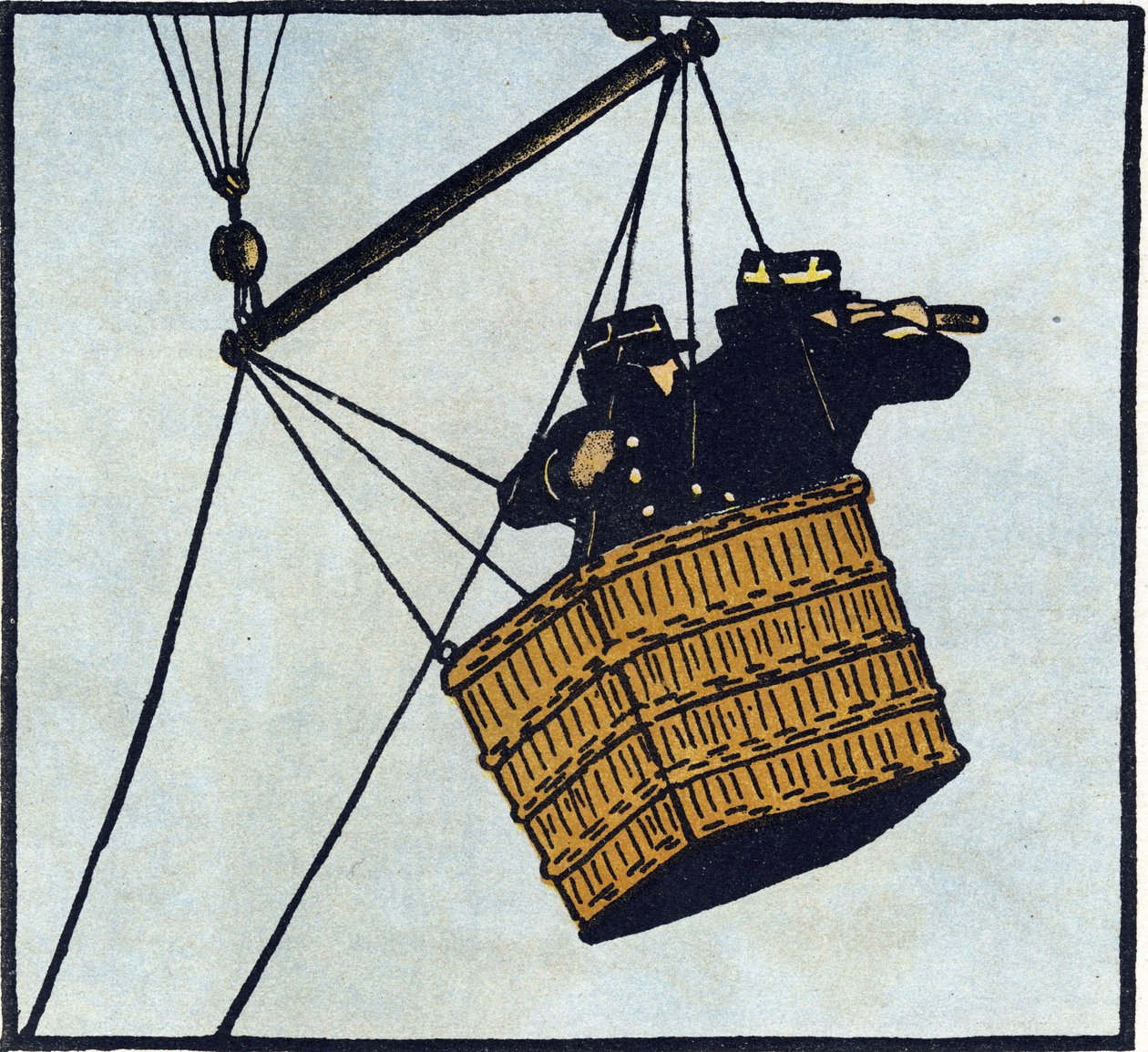 Pierwsza wojna światowa 1914-1918 (14-18): Obserwatorzy (posterunek obserwacyjny) armii francuskiej w balonie w niewoli próbujący dostrzec wroga. Rycina w "Alfabecie Wielkiej Wojny 1914-1916 (dla dzieci naszych żołnierzy)". Editions Berger-Levrault autorstwa Andre Helle