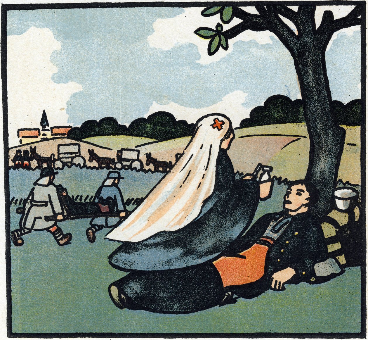 Pierwsza wojna światowa 1914-1918 (14-18): Pielęgniarka Czerwonego Krzyża opiekująca się żołnierzami na polach bitew. Rycina w "Alfabecie Wielkiej Wojny 1914-1916 (dla dzieci naszych żołnierzy)". Editions Berger-Levrault autorstwa Andre Helle