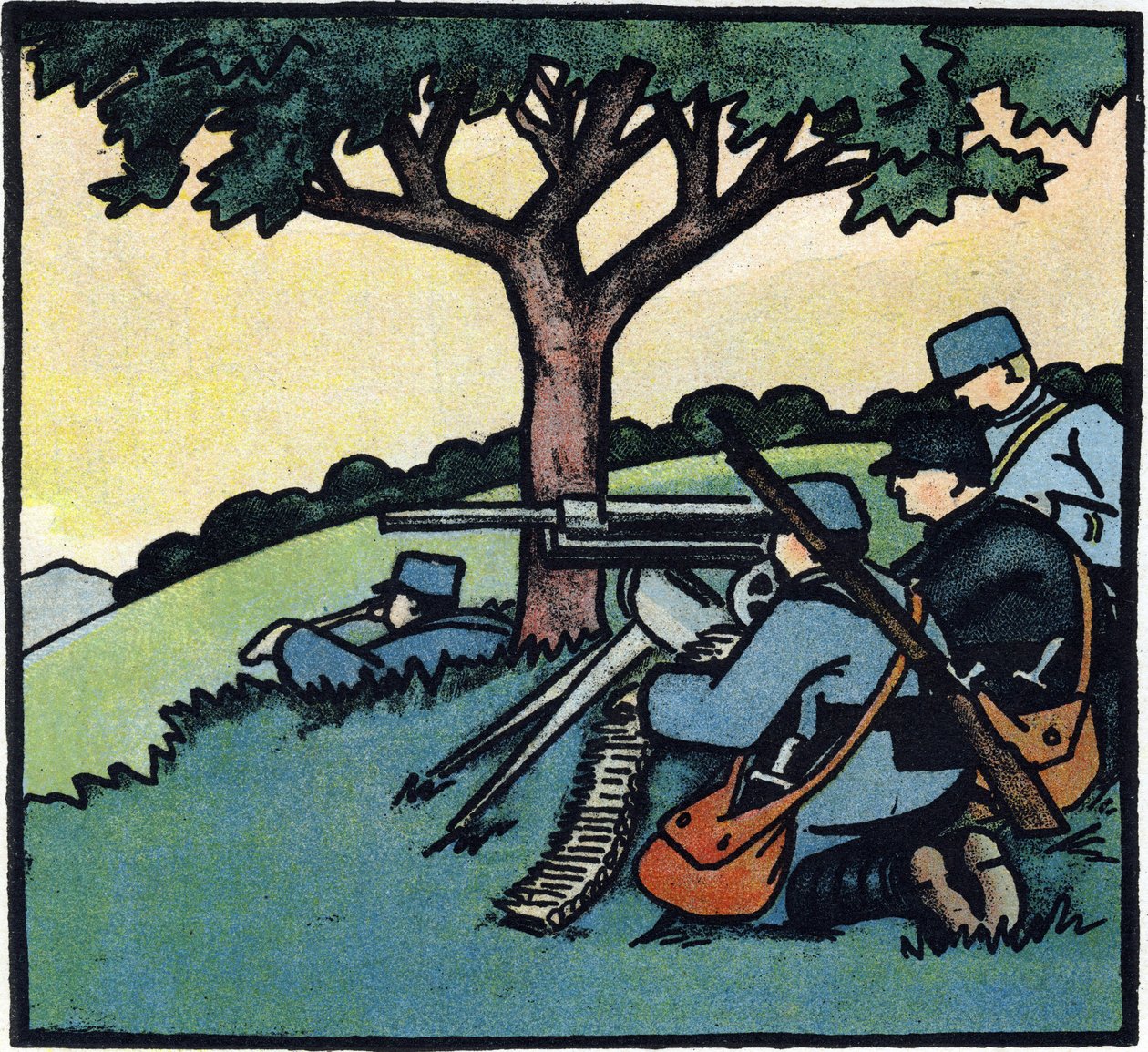 Pierwsza wojna światowa 1914-1918 (14-18): Żołnierze armii francuskiej używający karabinów maszynowych na polach bitew. Rycina w "Alfabecie Wielkiej Wojny 1914-1916 (dla dzieci naszych żołnierzy)". Editions Berger-Levrault autorstwa Andre Helle