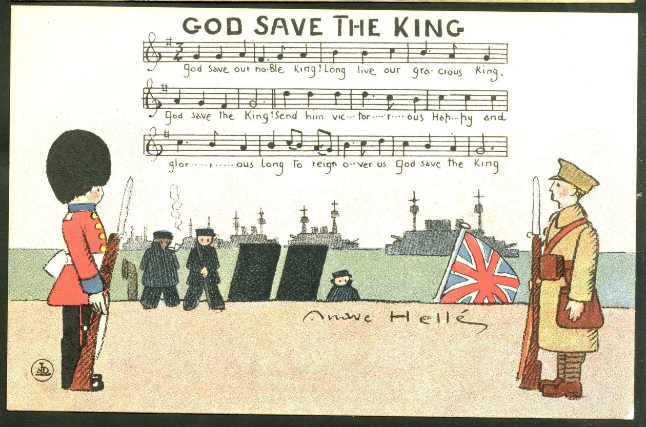 Pocztówka, satyryczna w kolorach: God save de king - Wojna 14-18, Anglia Wielka Brytania, Śpiew - Żołnierze Ilustracja Andre Helle (1875-1945) autorstwa Andre Helle