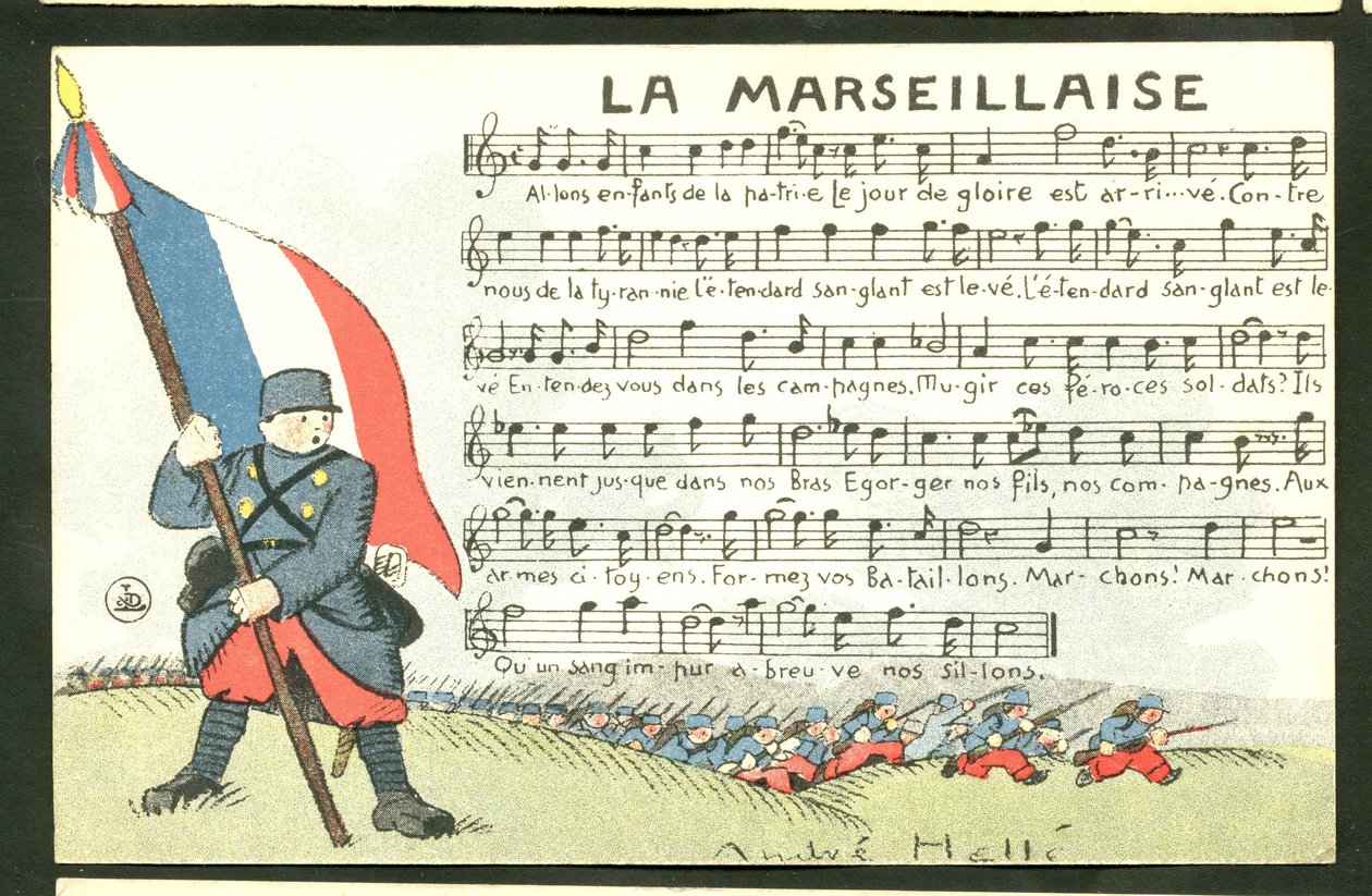 Pocztówka satyryczna w kolorach: Marsylianka - wojna 14-18 lat, Marsylianka, śpiewająca ilustracja Andre Helle (1875-1945) autorstwa Andre Helle