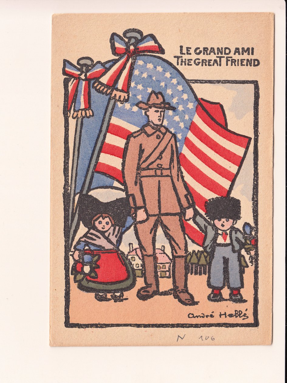 Pocztówka satyryczna w kolorach: Le grand ami wielki przyjaciel - Wojna 14-18, Ameryka, Alzacja Lotaryngia Ilustracja Andre Helle (1875-1945) autorstwa Andre Helle