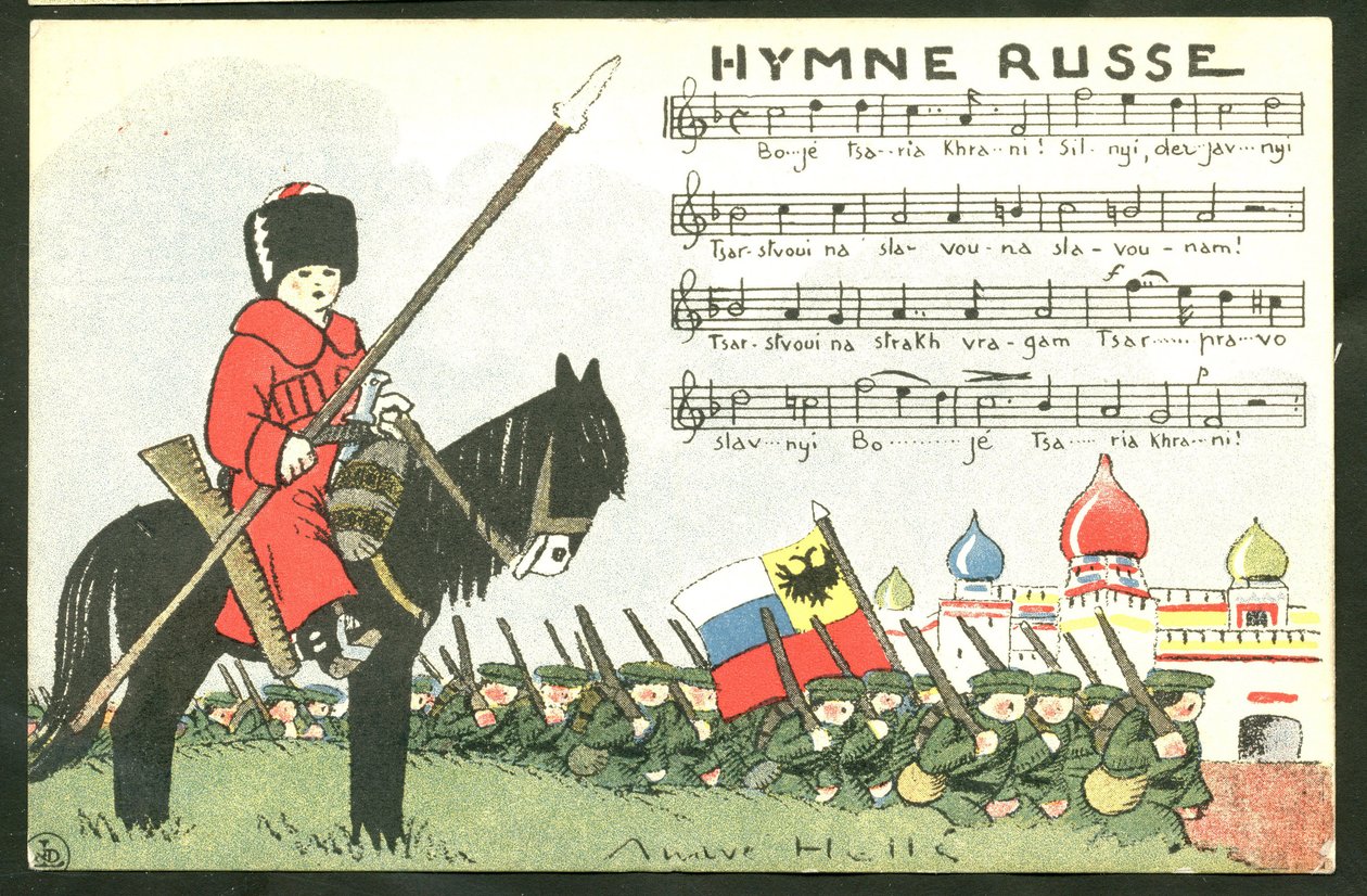 Pocztówka satyryczna w kolorach: Hymn Rosji - Wojna 14-18, Rosja, Śpiew - Żołnierze Ilustracja Andre Helle (1875-1945) autorstwa Andre Helle