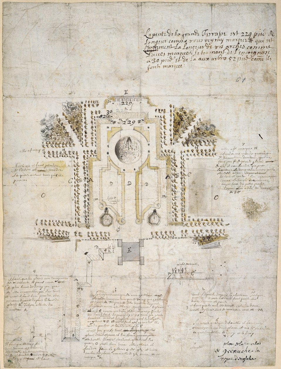 Projekt zagospodarowania ogrodu i parku przy Domu Królowej, Greenwich, 1662 (pióro, tusz i wash) autorstwa Andre Le Notre