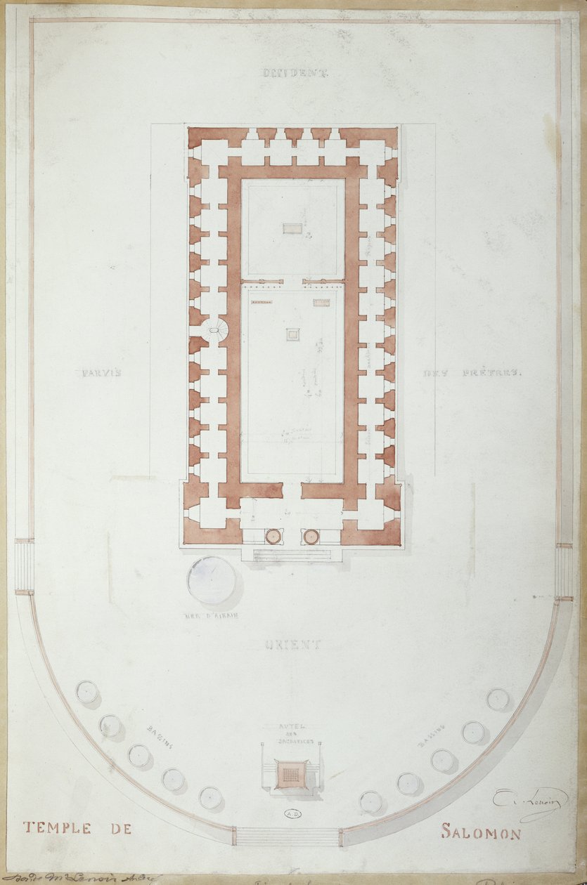 Plan Świątyni Salomona w Jerozolimie, połowa XIX w. (atrament i wc na papierze) autorstwa Andre Lenoir