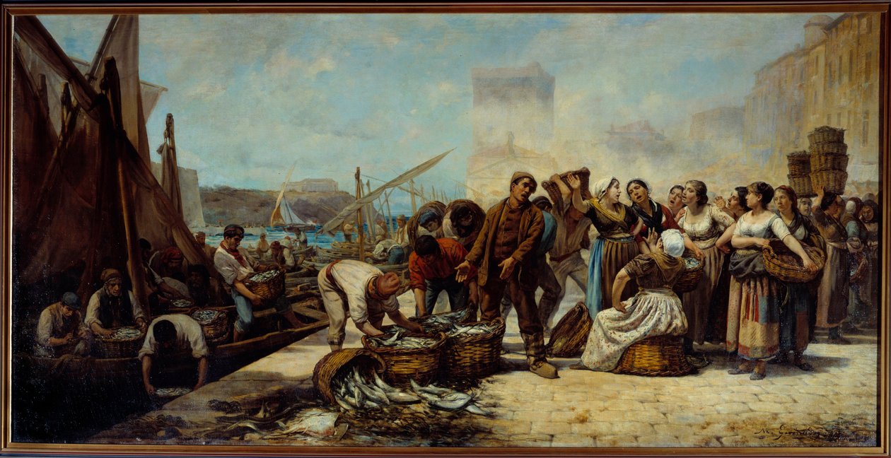 Przybycie rybaków na Quai Saint Jean w Marsylii Obraz Andre Mariusa Guindona (1830-?) XIX-wieczna Marsylia, Muzeum Sztuk Pięknych autorstwa Andre Marius Guindon