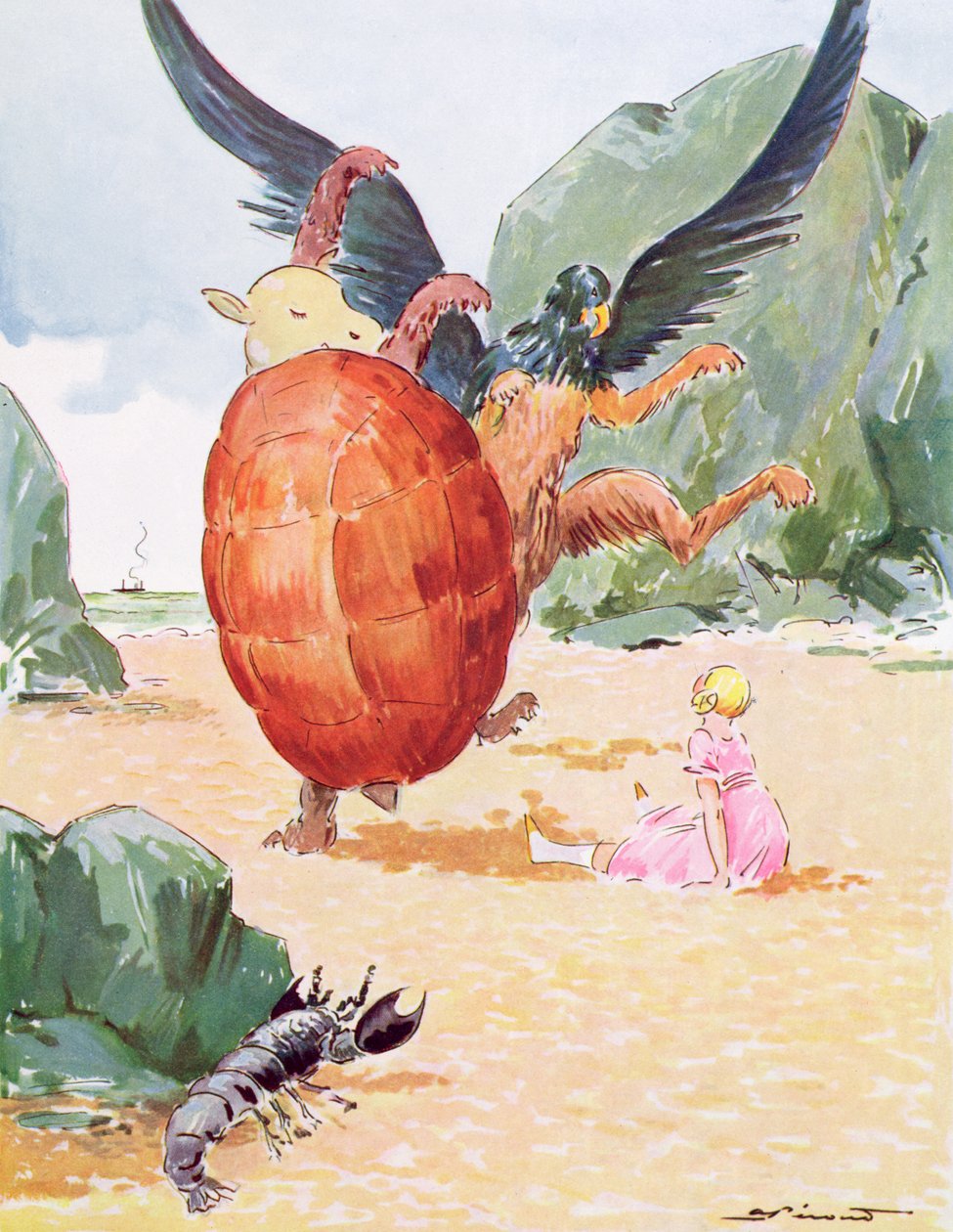 Alice, the Gryphon and the Mock Turtle, ilustracja z „Alicji w krainie czarów” Lewisa Carrolla (1832-98) wydanej przez Editions Delagrave, Paryż autorstwa Andre Pecoud