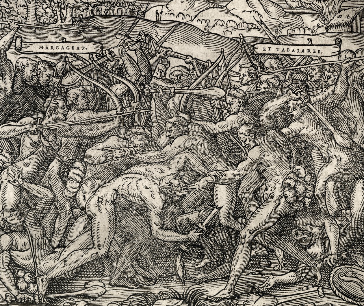Bitwa między plemionami Margageaz i Tabajares, rycina z Uniwersalnej kosmologii, Andre Thevet (1504-1592) autorstwa Andre Thevet