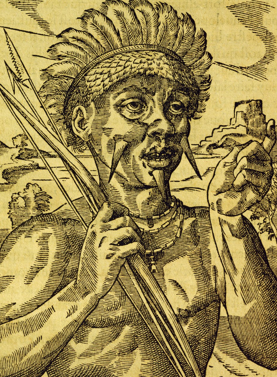 Wódz plemienia kanibali, rycina z Uniwersalnej kosmologii, Andre Thevet (1504-1592), Paryż autorstwa Andre Thevet