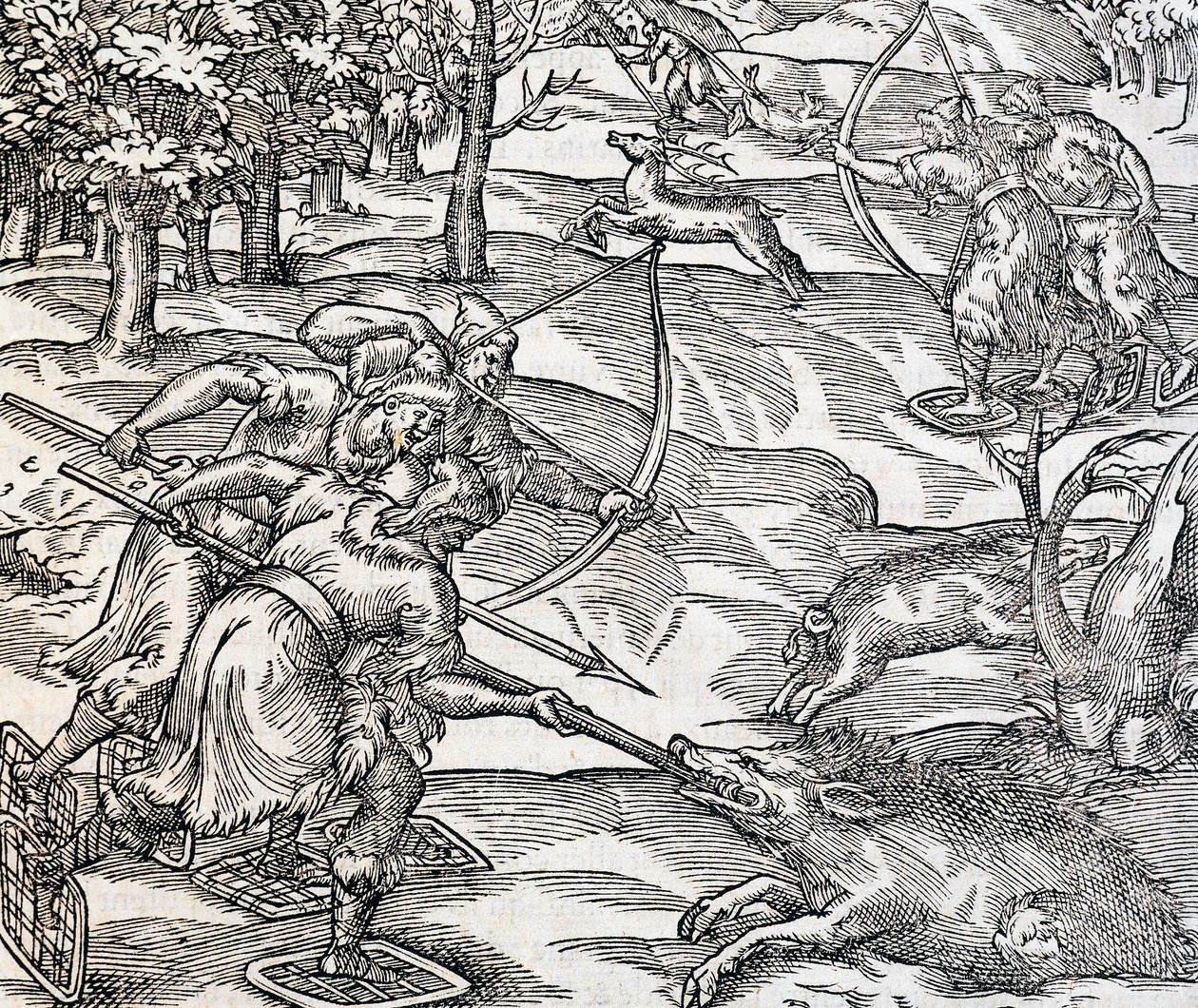 Indian polowanie na dzika, rycina z Uniwersalnej kosmologii, Andre Thevet (1504-1592), Paryż autorstwa Andre Thevet