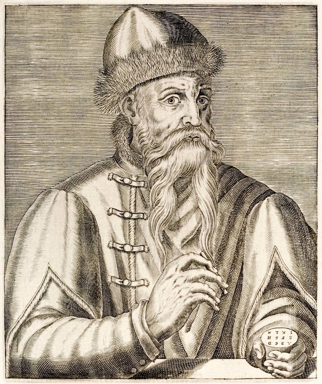 Johannes Gutenberg: niemiecki wynalazca, którego wynalezienie ruchomej prasy drukarskiej zapoczątkowało rewolucję drukarską, z „Prawdziwych portretów” André Théveta opublikowanych w 1584 r. autorstwa Andre Thevet