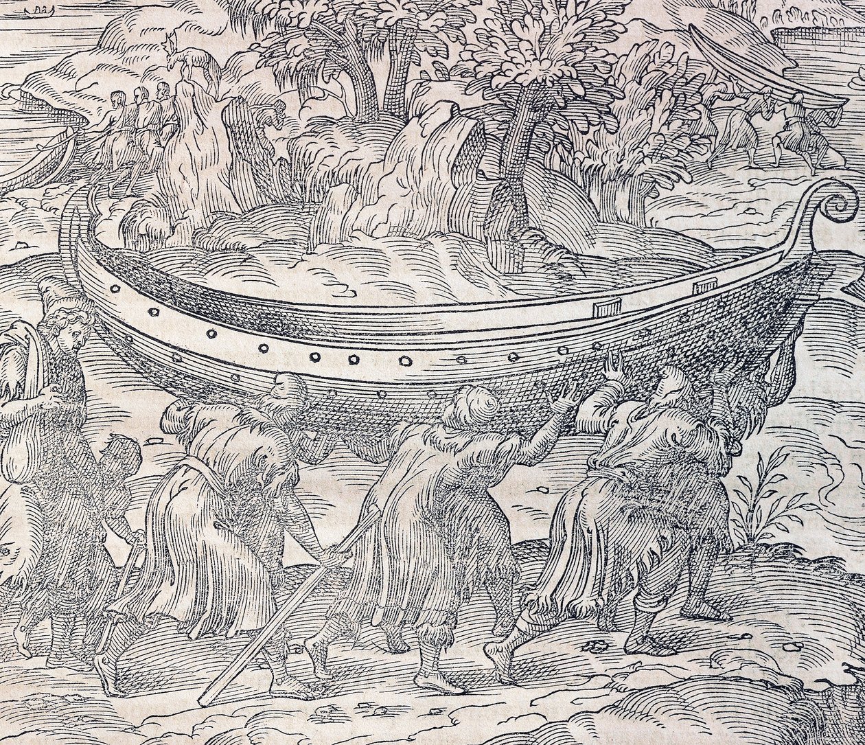 Lapończycy przenoszący swoje łodzie z miejsca na miejsce, rycina z Uniwersalnej kosmologii, Andre Thevet (1504-1592), Paryż autorstwa Andre Thevet