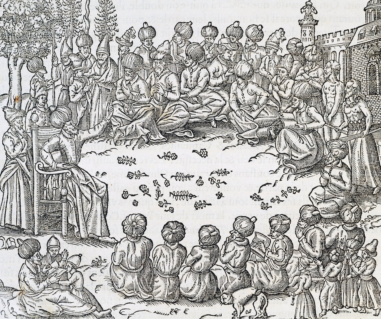 Spotkanie Turków i Arabów, Maroko, rycina z Uniwersalnej kosmologii, Andre Thevet (1504-1592), Paryż autorstwa Andre Thevet