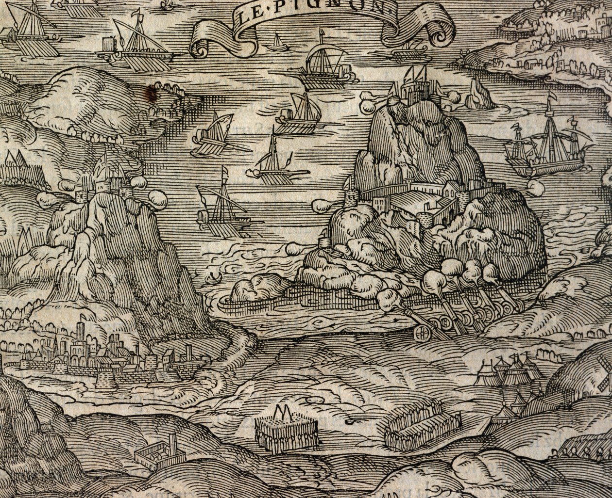 Bitwa morska w pobliżu wyspy Le Pignon, rycina z Cosmographie universelle, Andre Thevet (1504-1592), Paryż autorstwa Andre Thevet
