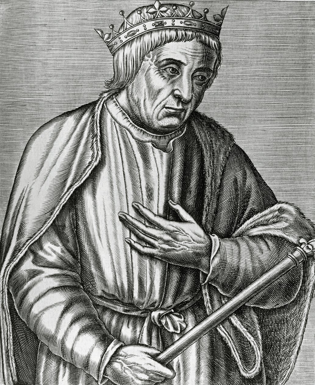 Portret króla Polski Kazimierza III Wielkiego (1310-1370), sztych z Les Vrais pourtraits et Lives des Hommes illustres autorstwa Andre Thevet