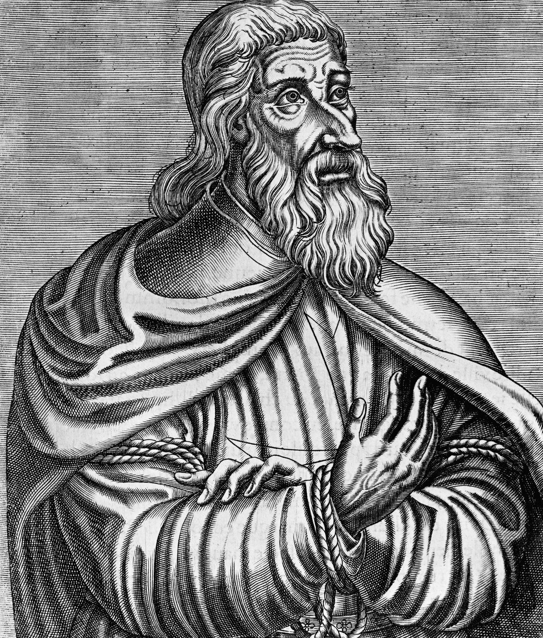 Portret Jacques de Molaya (1243-1314), francuskiego wielkiego mistrza templariuszy, rycina Andre Thevet (1504-1592), opublikowany w 1584 autorstwa Andre Thevet