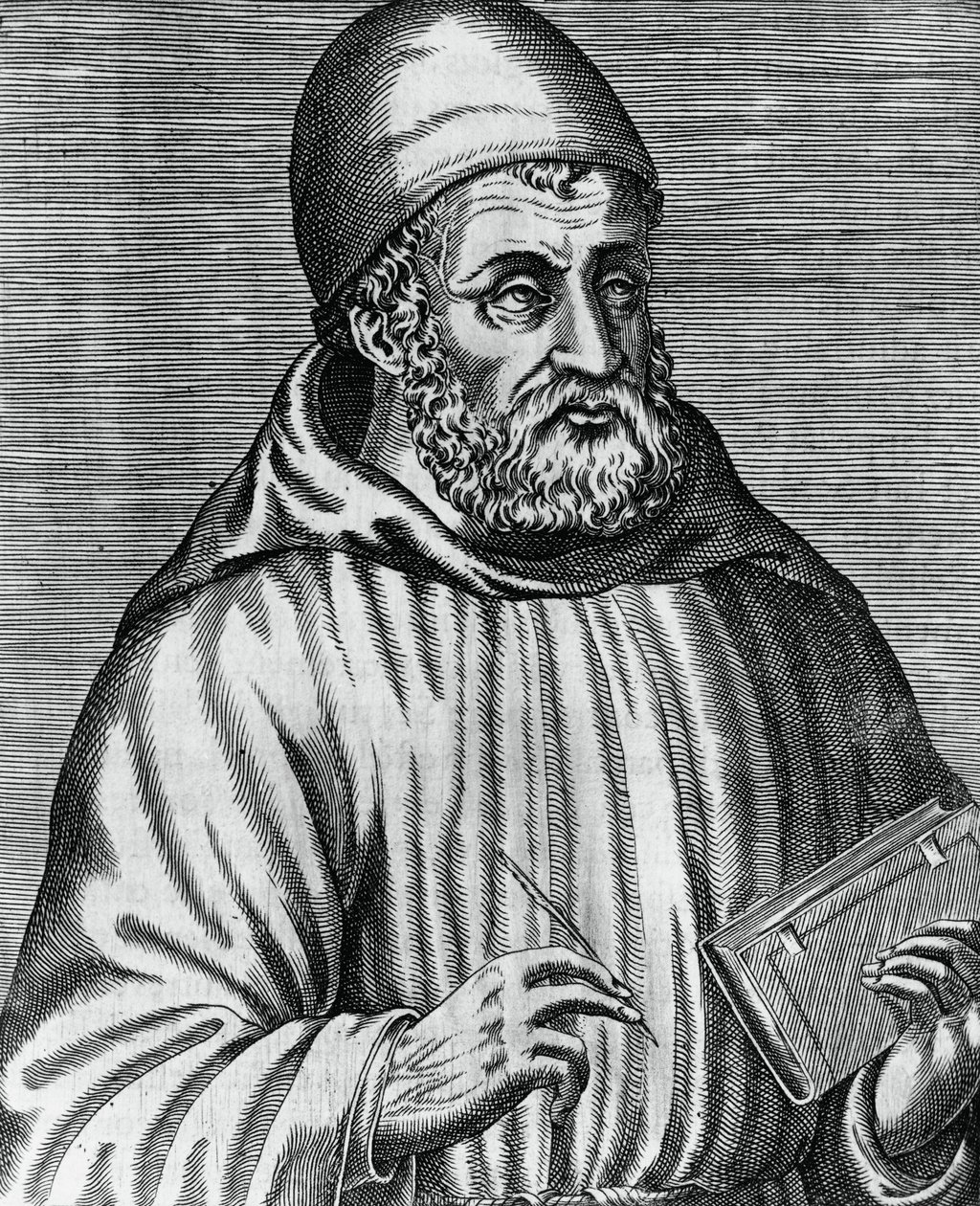 Portret Johna Dunsa, powszechnie zwanego Duns Scotus (1265 lub 1266-1308), szkockiego filozofa i teologa, rycina Andre Theveta (1504-1592) z książki The Real Portraits and Lives of Illustrious Grek, Latin and Pagan Men autorstwa Andre Thevet