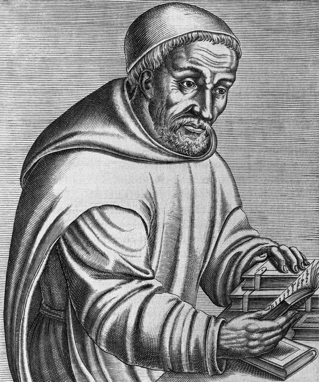 Portret Rabana Maurusa Magnentiusa (zm. 856), niemieckiego mnicha benedyktyńskiego i teologa, rycina da Les vrais pourtraits et vies des hommes illustrés grecz, latins et pogans, autorstwa Andre Theveta autorstwa Andre Thevet