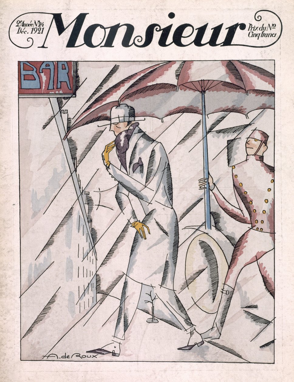 Mężczyzna w płaszczu przeciwdeszczowym, okładka magazynu „Monsieur”, nr 24, wyd. grudzień 1921 (druk pochórowy) autorstwa Andre de Roux