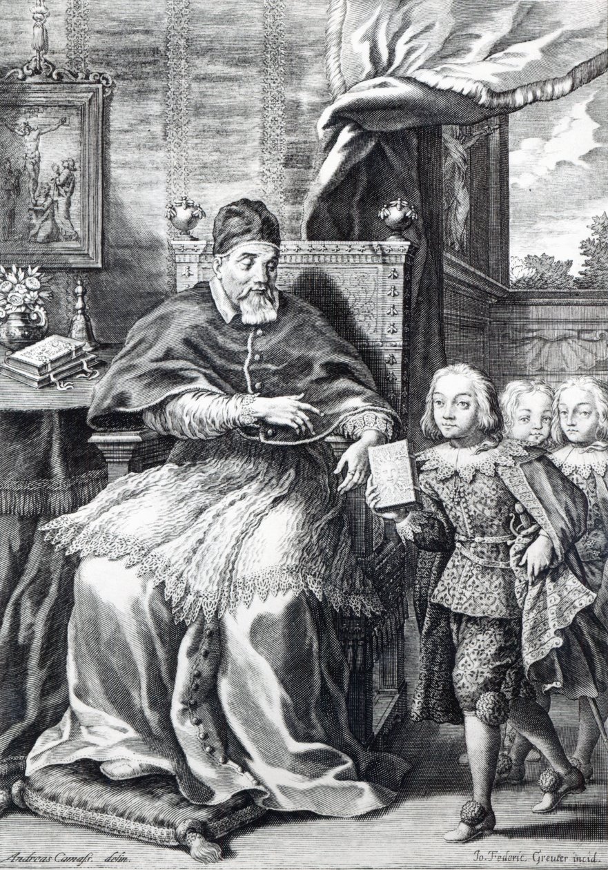 Papież Urban VIII ze swoimi siostrzeńcami, ryty przez Johanna Friedricha Greuter autorstwa Andrea Camassei