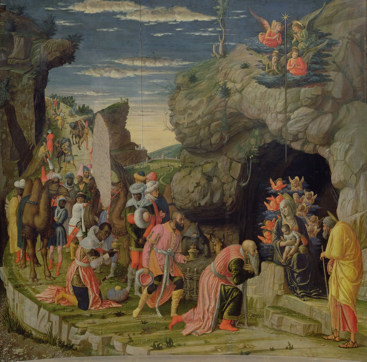 Adoracja Trzech Króli, centralny panel z Ołtarza, ok. 1466 (tempera na desce) (zob. też 50042) autorstwa Andrea Mantegna