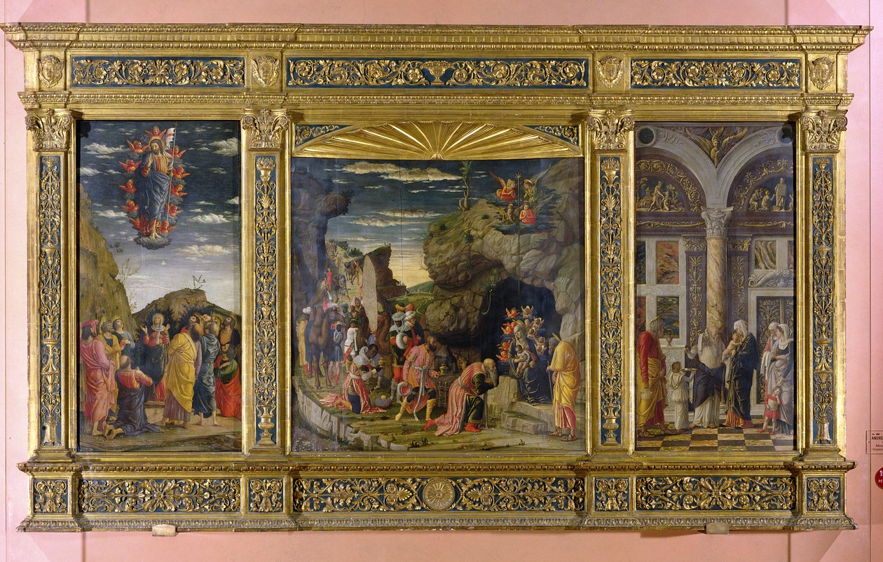 Ołtarz przedstawiający Wniebowstąpienie, Adorację Magów i Obrzezanie, ok. 1463-64 (tempera na płycie) autorstwa Andrea Mantegna